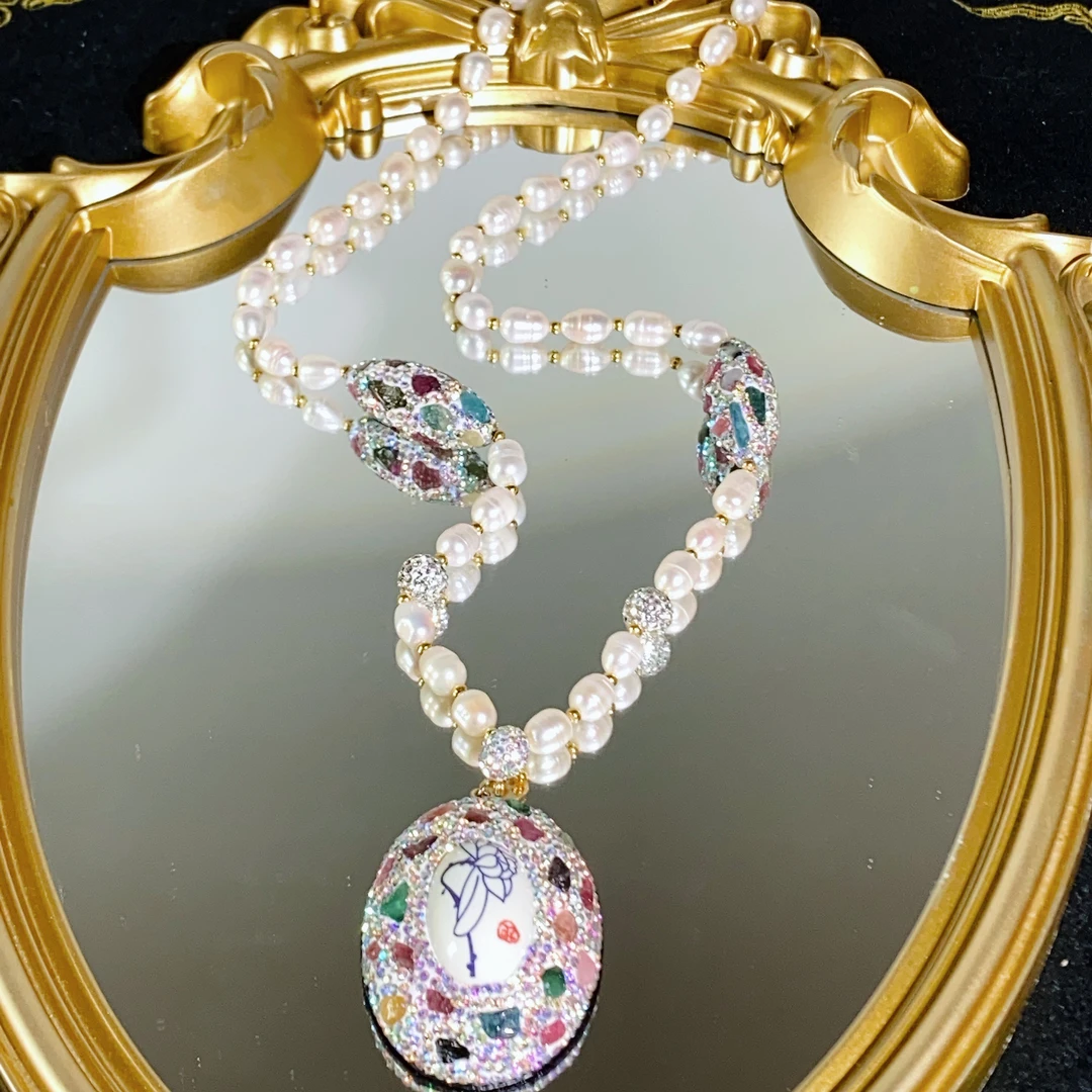 铜合金合成锆石项链 TTSD 白色恼恼手绘荷花白色巴洛克玺玺链7190