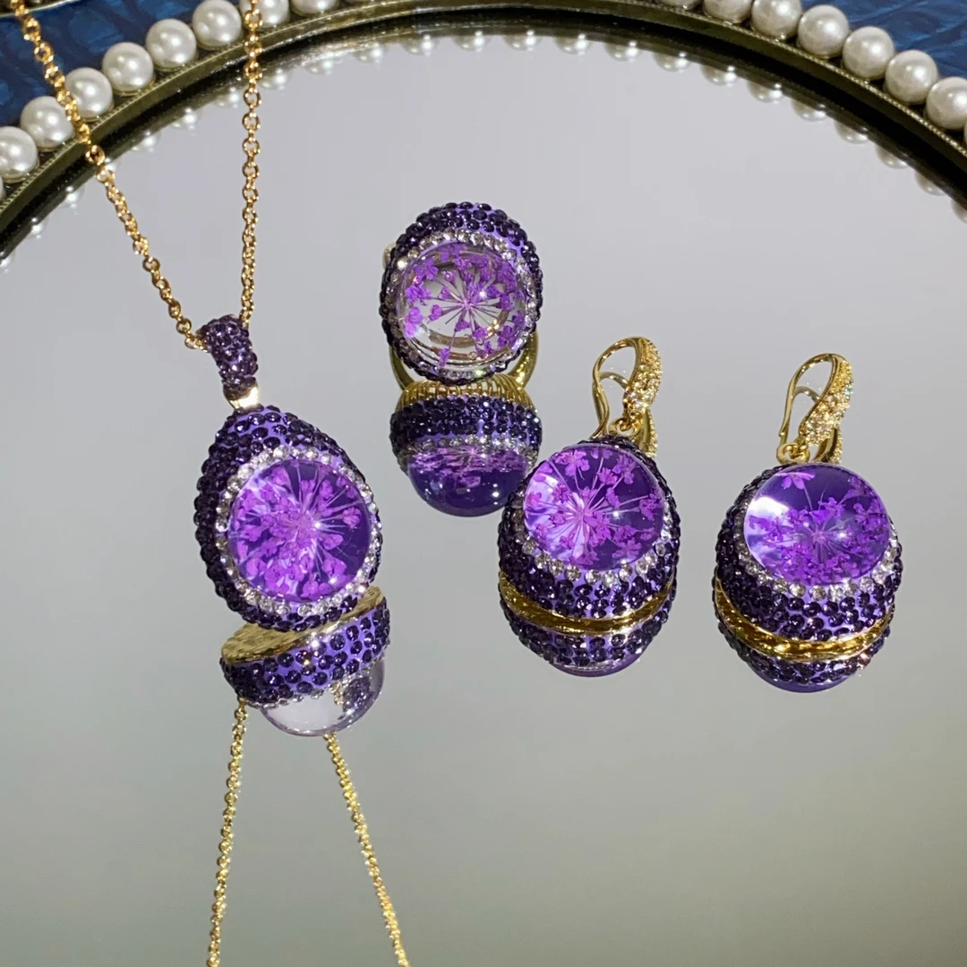 铜合金合成锆石戒指 TTSD 紫色永生花时尚欧美法式戒指三件套309