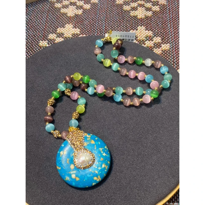 铜合金合成锆石项链 TTSD 蓝色平安扣时尚潮流百搭款毛衣链 1018