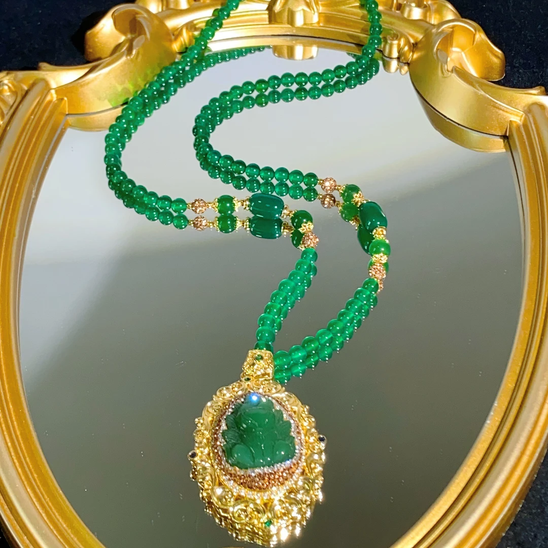 铜合金合成锆石项链 TTSD 原创设计复古绿色九尾狐重工毛衣链6678