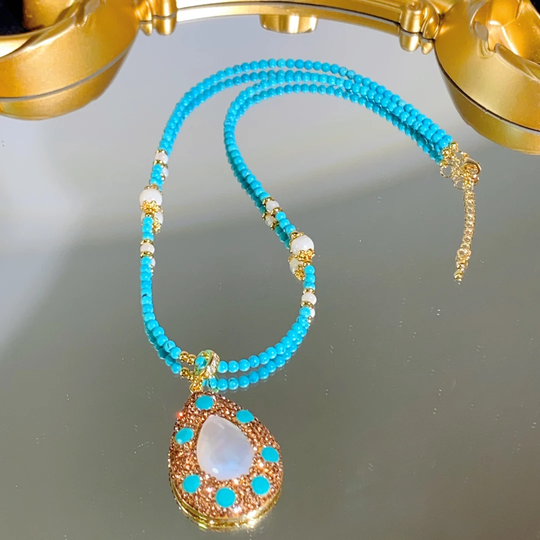 铜合金合成锆石项链 TTSD 原创设计复古宫廷白色贝贝水滴吊坠6694