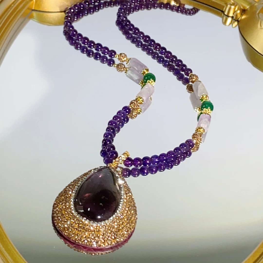 铜合金合成锆石项链 TTSD 紫色水滴设计镶嵌法式毛衣链项链1390d