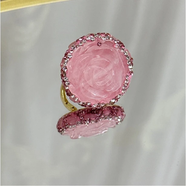 铜合金合成锆石戒指 TT TR粉色清新花朵大裸面戒指宫廷风美丽126