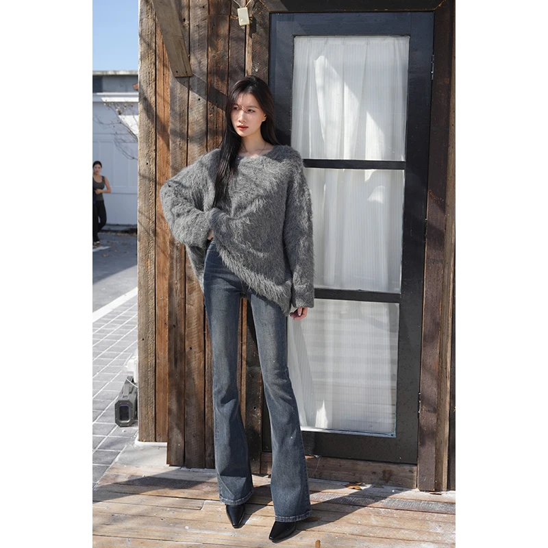 【ZOE】• 经典款 •蓝灰中高腰微喇裤复古修身显瘦显腿长