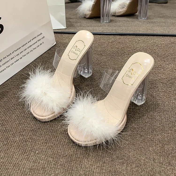 法式粗跟高跟鞋仙女风凉拖夏季气质凉鞋设计小众毛毛外穿透明拖鞋