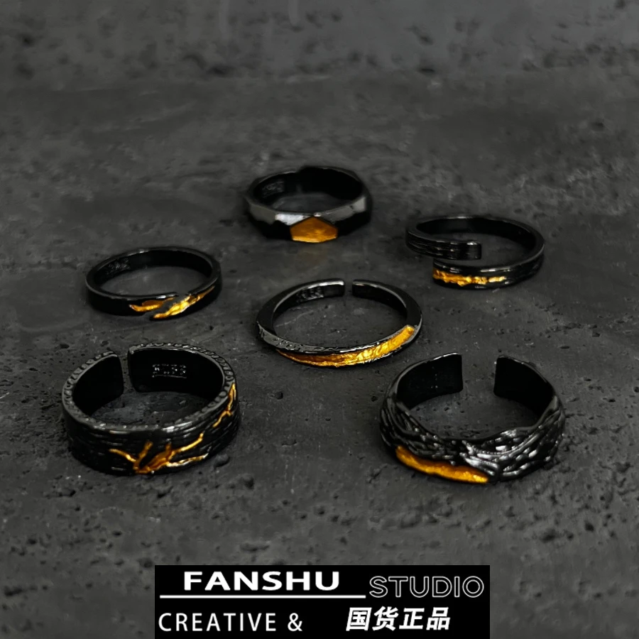 合金戒指 间金黑色时尚个性食指戒可调节戒指小众简约男士配饰品