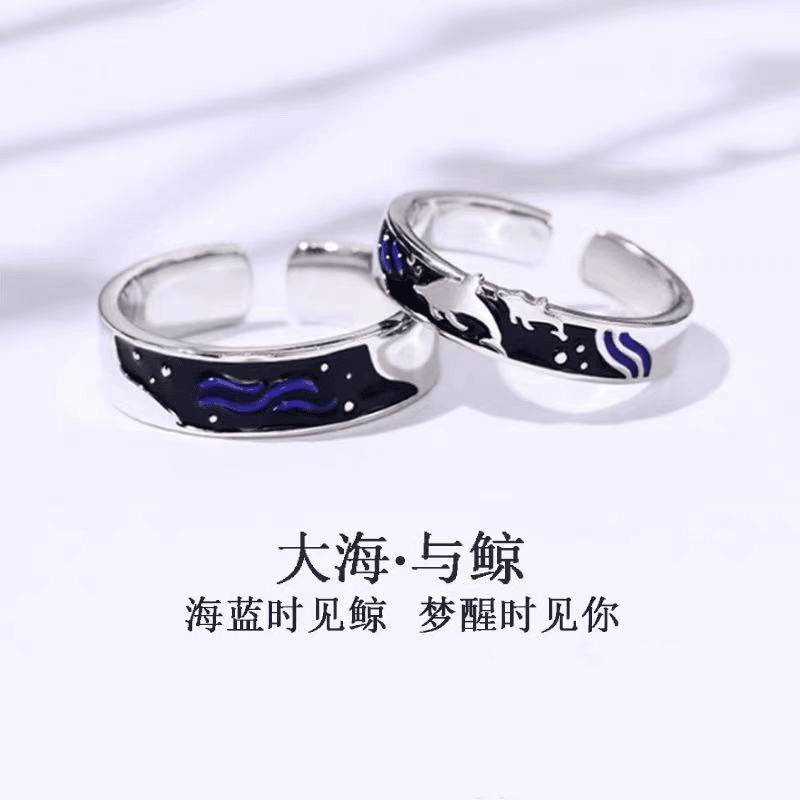 宣宁 合金戒指 大海与鲸情侣戒指一对日韩简约个性冷淡风开口对戒