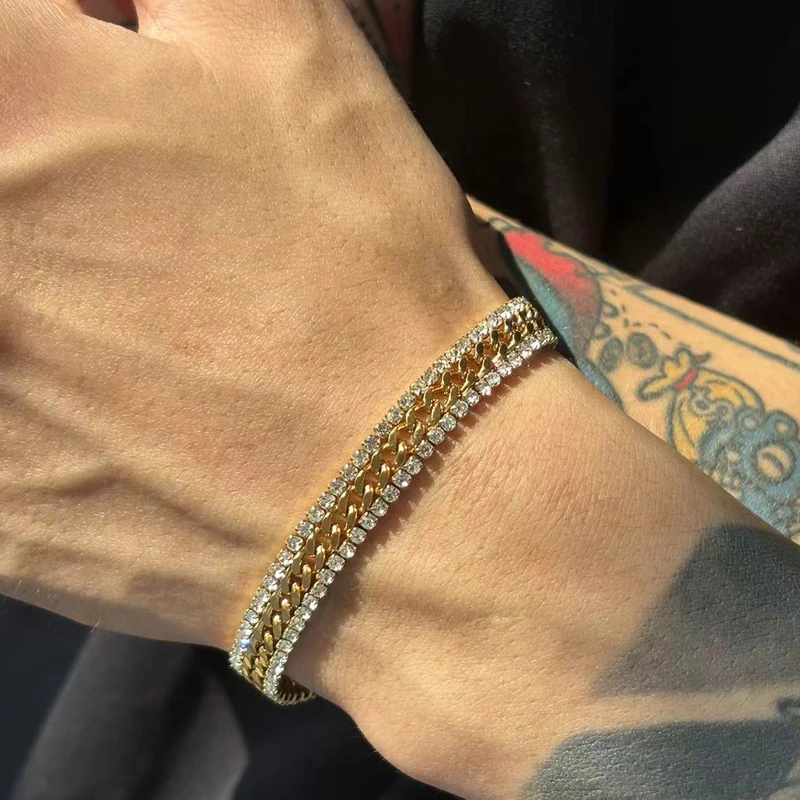 钛钢锆石手链 小众百搭金色宽边网球古巴手饰潮男女法式轻奢个性