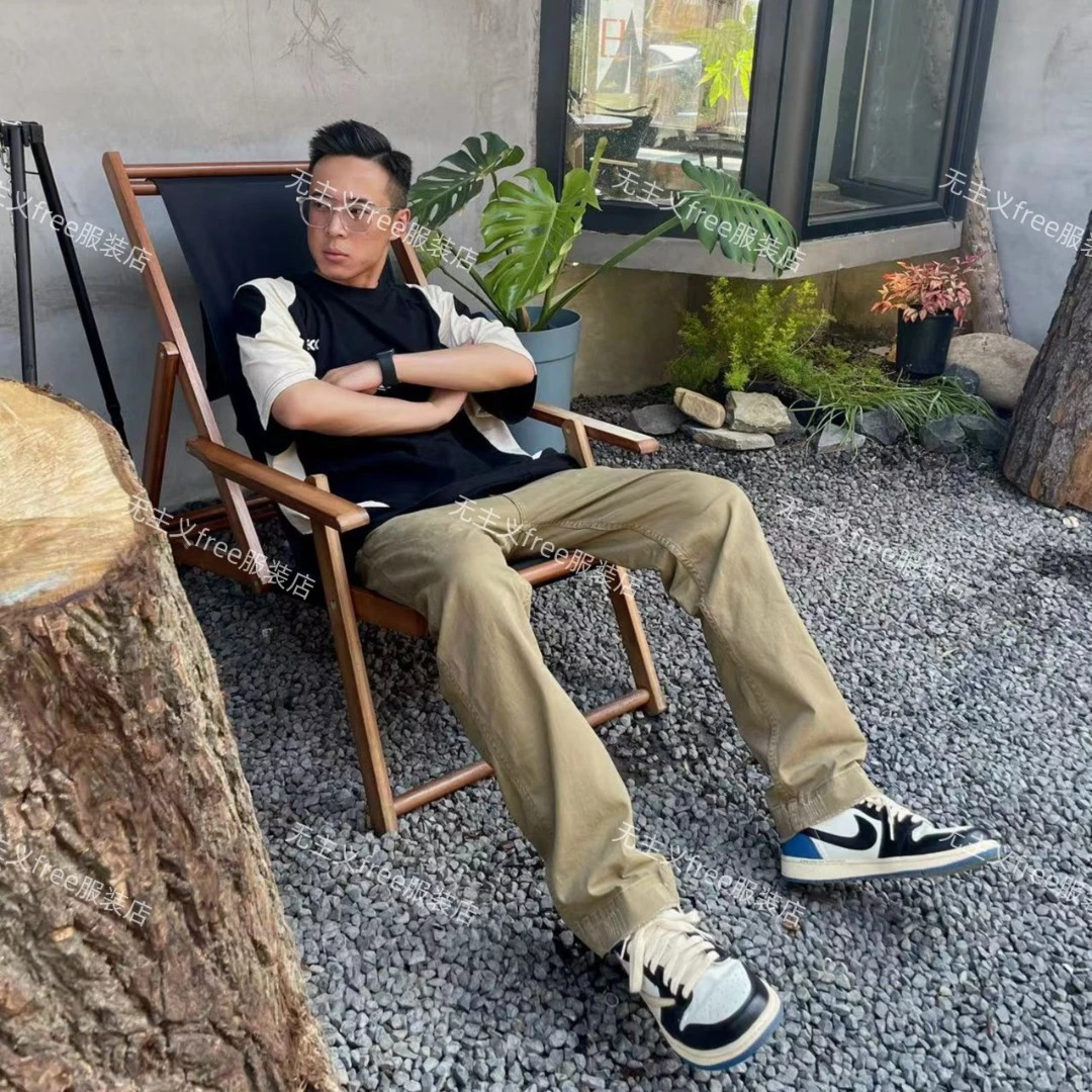 无主义春季美式休闲水洗磨破街头直筒工装男做旧宽松百搭裤子男士