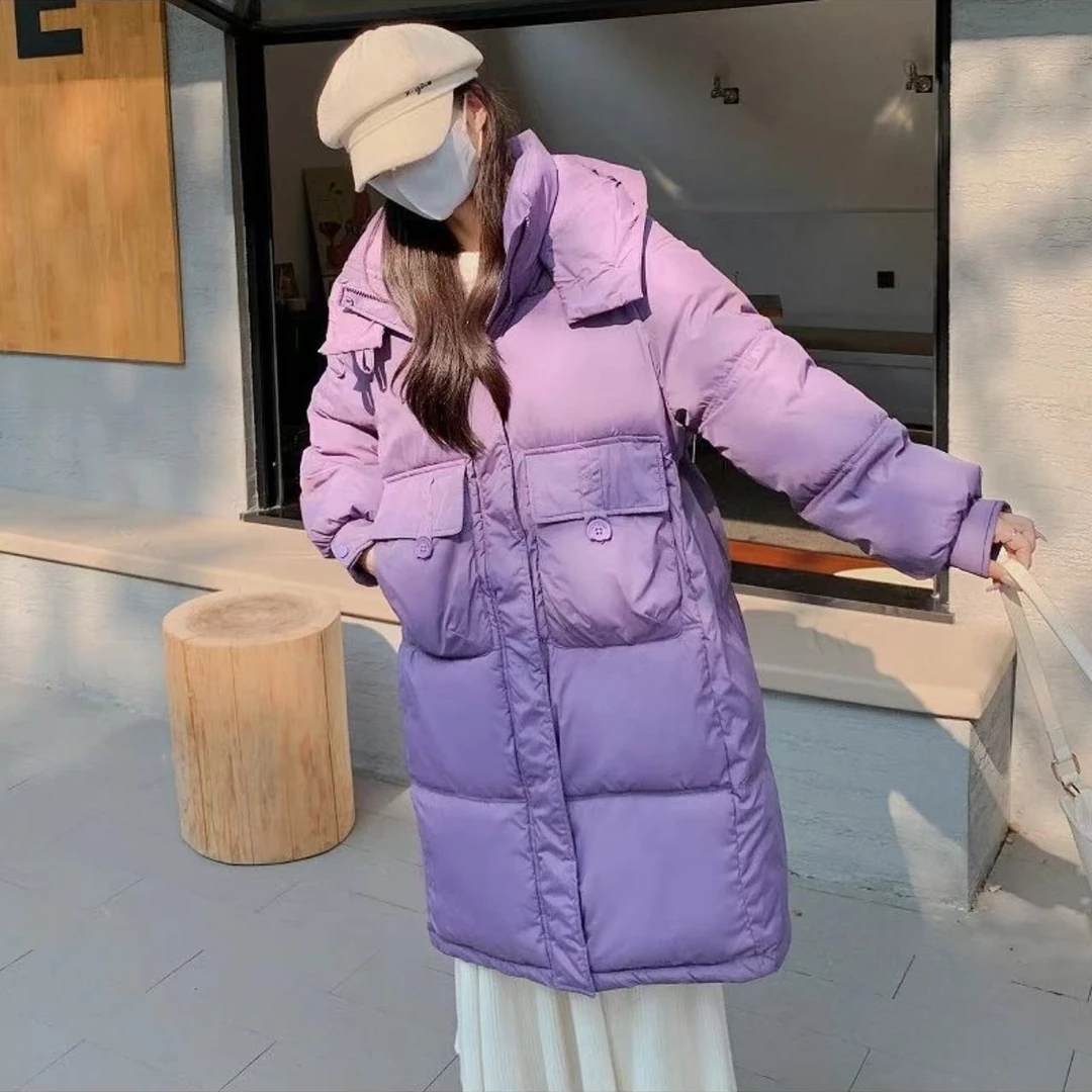 （双11专属）2024新款中长款过膝韩版羽绒加厚半粒扣连帽冬季外套