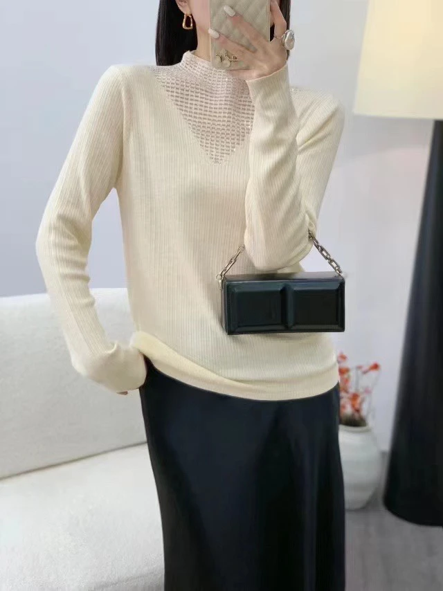 高领网纱拼接镂空针织衫女秋冬气质内搭毛衣上衣带钻