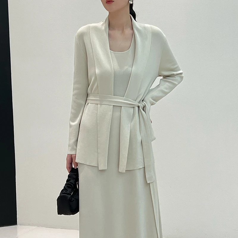 时尚翻领系腰带针织衫薄西装外套女春夏气质百搭长袖开衫披肩上衣