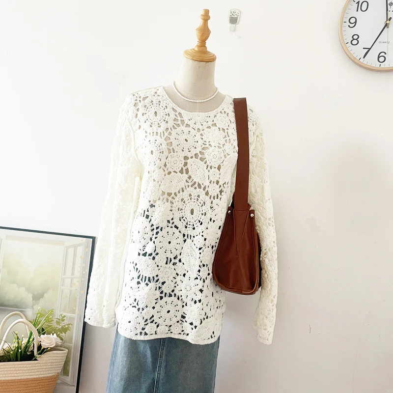 钩花镂空针织衫女秋季中长款套头罩衫宽松显瘦毛衣洋气百搭上衣潮