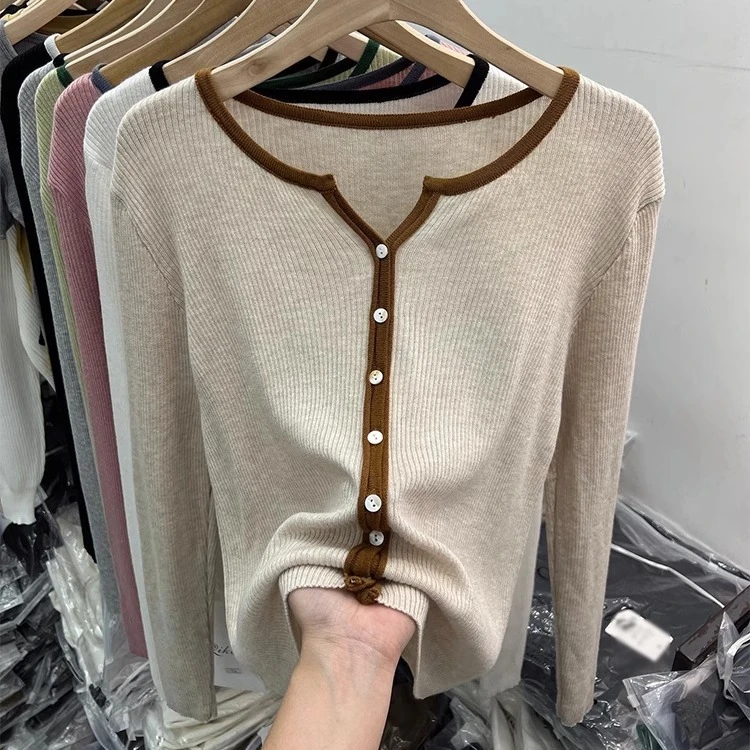 羊毛混纺拼色针织衫外套女春秋时尚百搭毛衣开衫韩版修身显瘦上衣