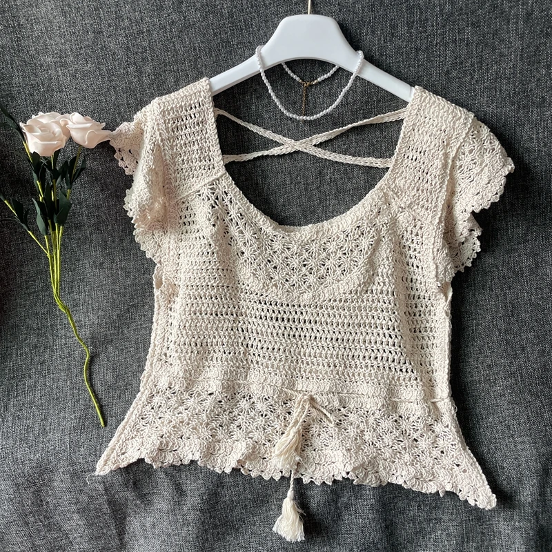 洋气镂空系带飞袖钩花针织衫女夏外穿短款时尚罩衫度假风百搭上衣