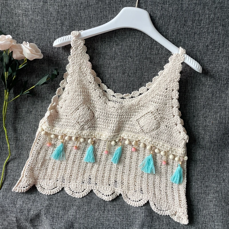 钩花镂空流苏针织马甲女夏季外穿短款吊带背心度假风百搭罩衫上衣