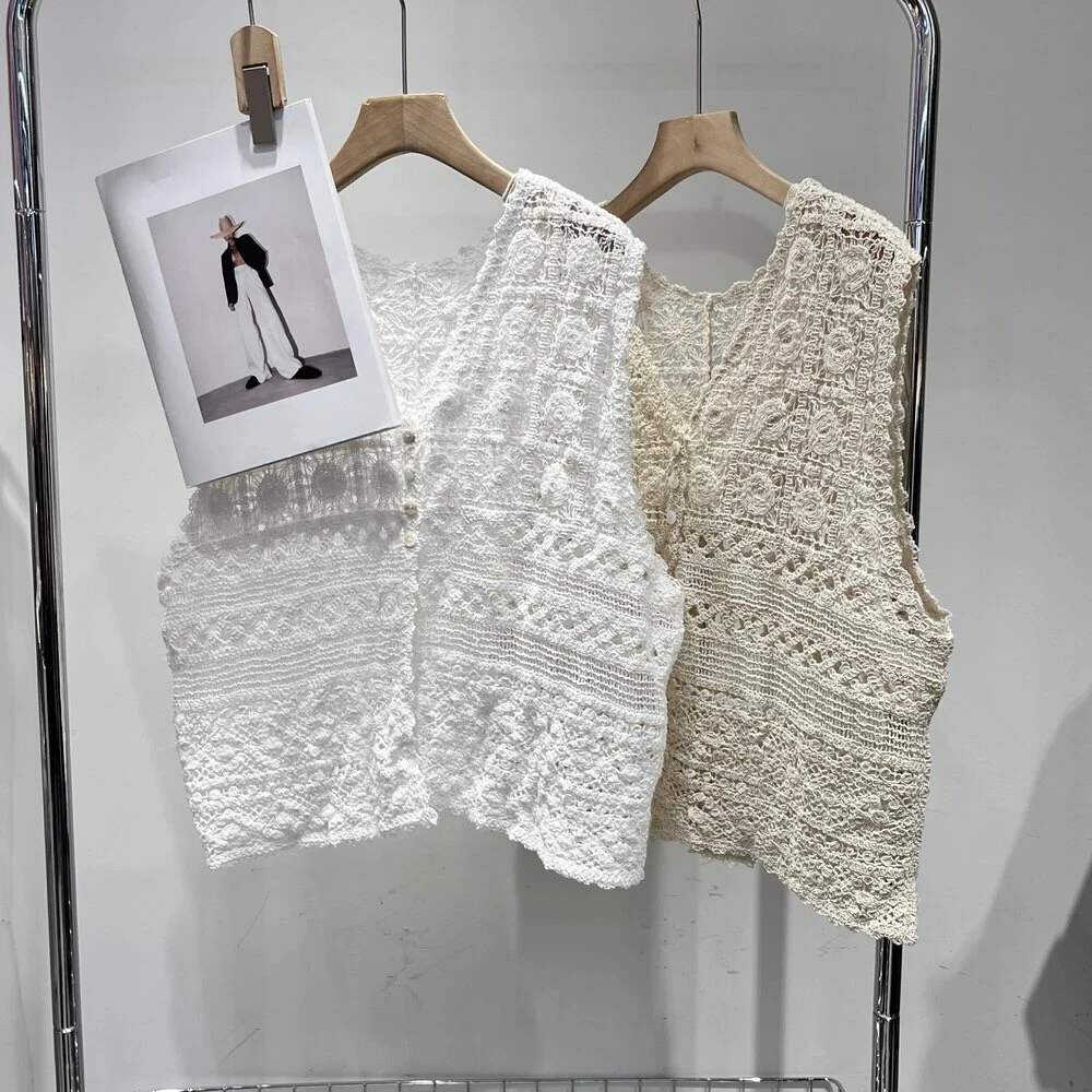钩花镂空针织马甲女春秋外穿无袖棉线坎肩背心宽松百搭上衣单排扣