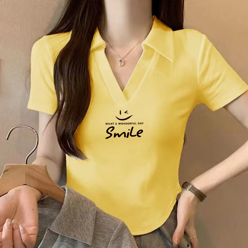 短袖t恤女polo领小众辣妹设计感小个子修身短款上衣正肩翻领夏季