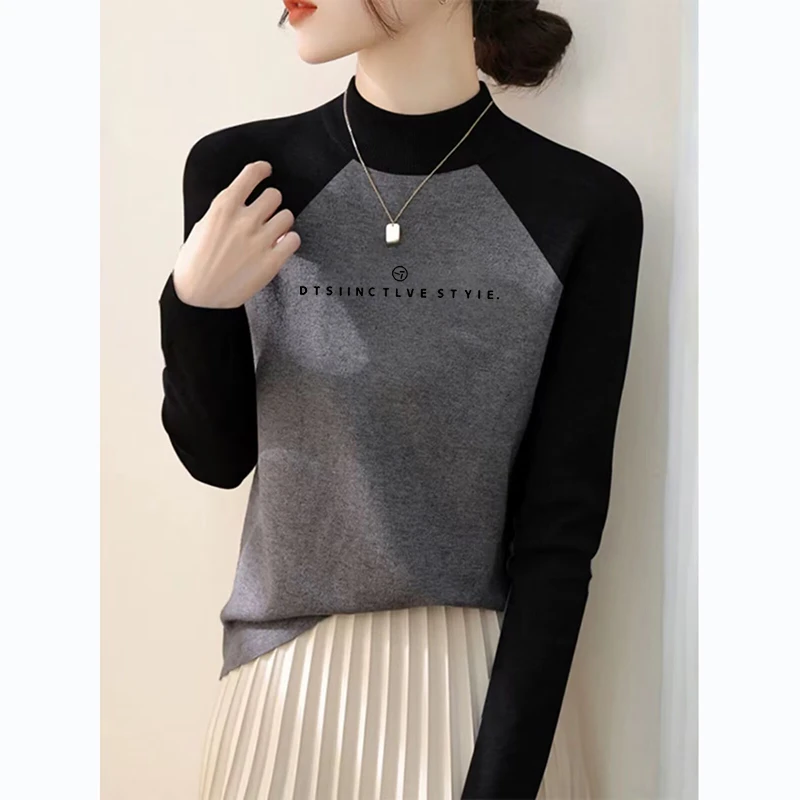 紧身内搭长袖棉T恤秋冬打底衫女上衣半高领加厚撞色插肩百搭新款