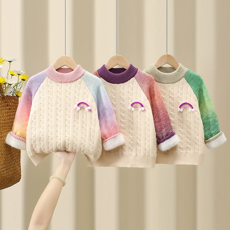 一体绒女宝渐变色毛衣新款加绒打底衫洋气韩版套头保暖秋冬加厚