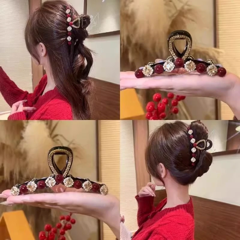 秋冬新款石榴珠珠方糖抓夹安哥拉红气质发卡鲨鱼夹马尾夹发饰