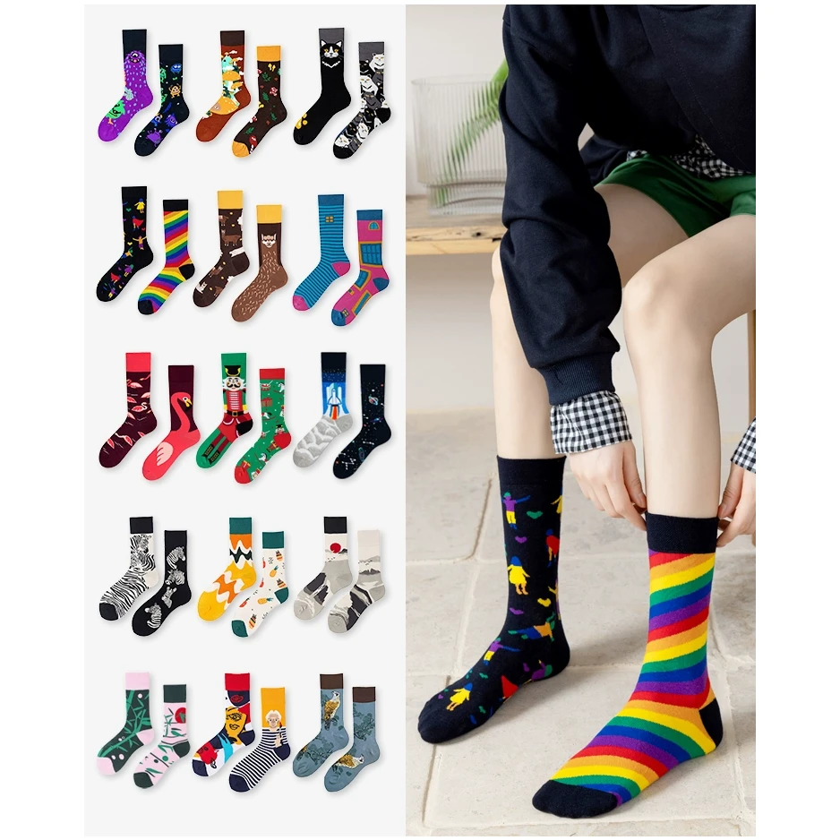 原创新品男女鸳鸯袜潮流AB款不对称潮袜风街头棉卡通长中筒袜个性