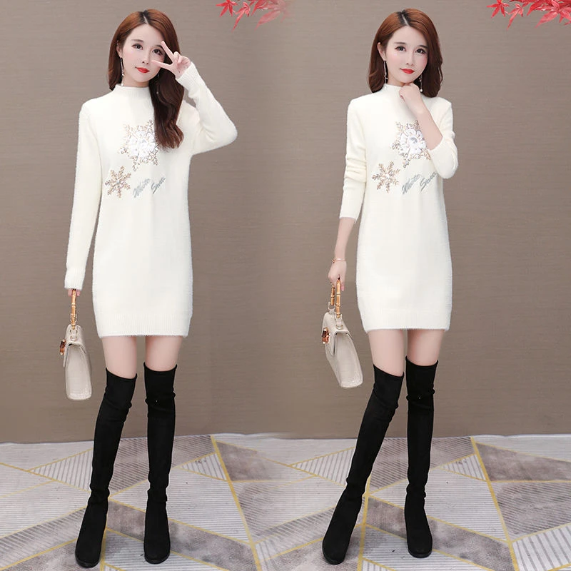 仿水貂秋冬新款加厚毛衣女半高领毛衣中长款绣花套头针织毛衣裙女
