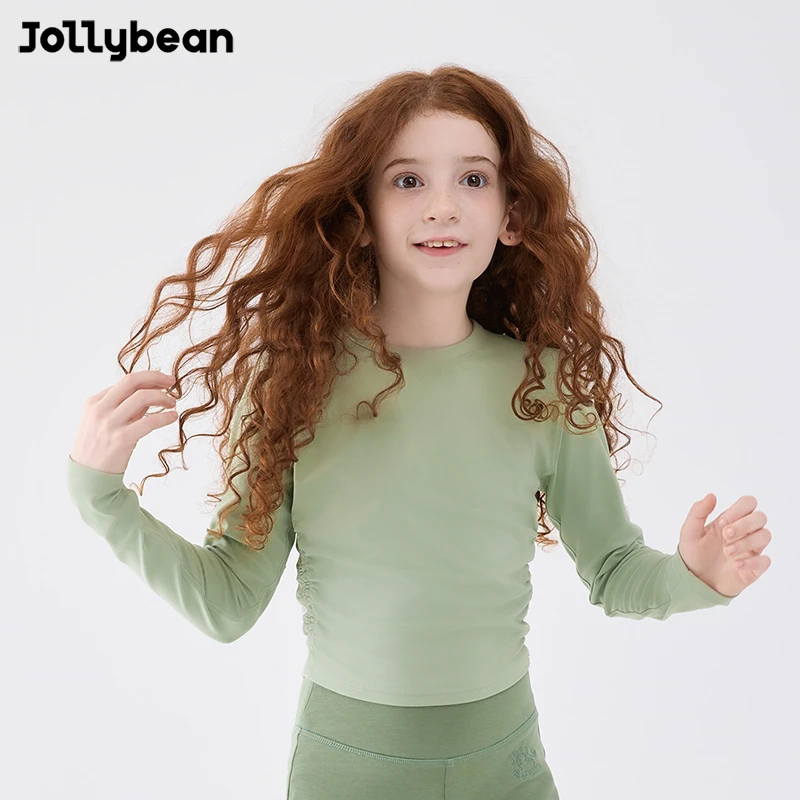 Jollybean圆领褶皱长袖T恤柔软透气百搭运动上衣女童 Dofit打底