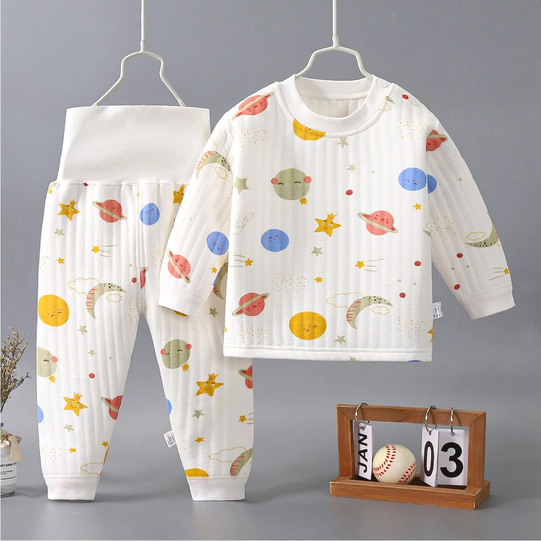 宝宝保暖衣套装婴儿护肚裤高腰男女婴儿夹棉秋衣三层内衣服秋装冬