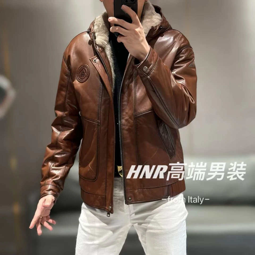 【真水貂山羊皮】前胸胸标设计款高端潮流简约时尚保暖皮衣24156A