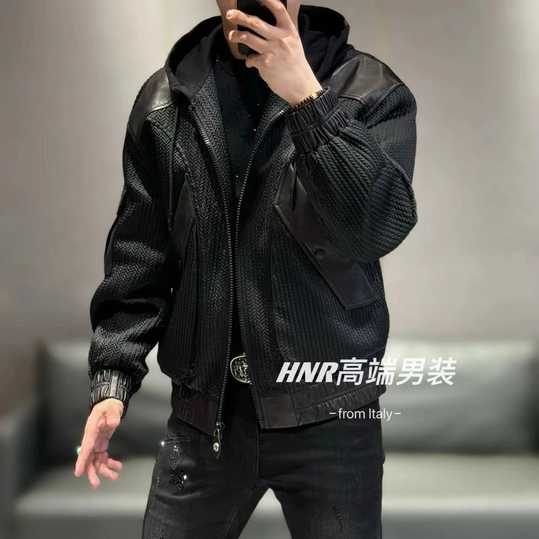 【乔治雷迪尼品牌】绵羊皮拼接连帽麦穗图案款男士夹克0062