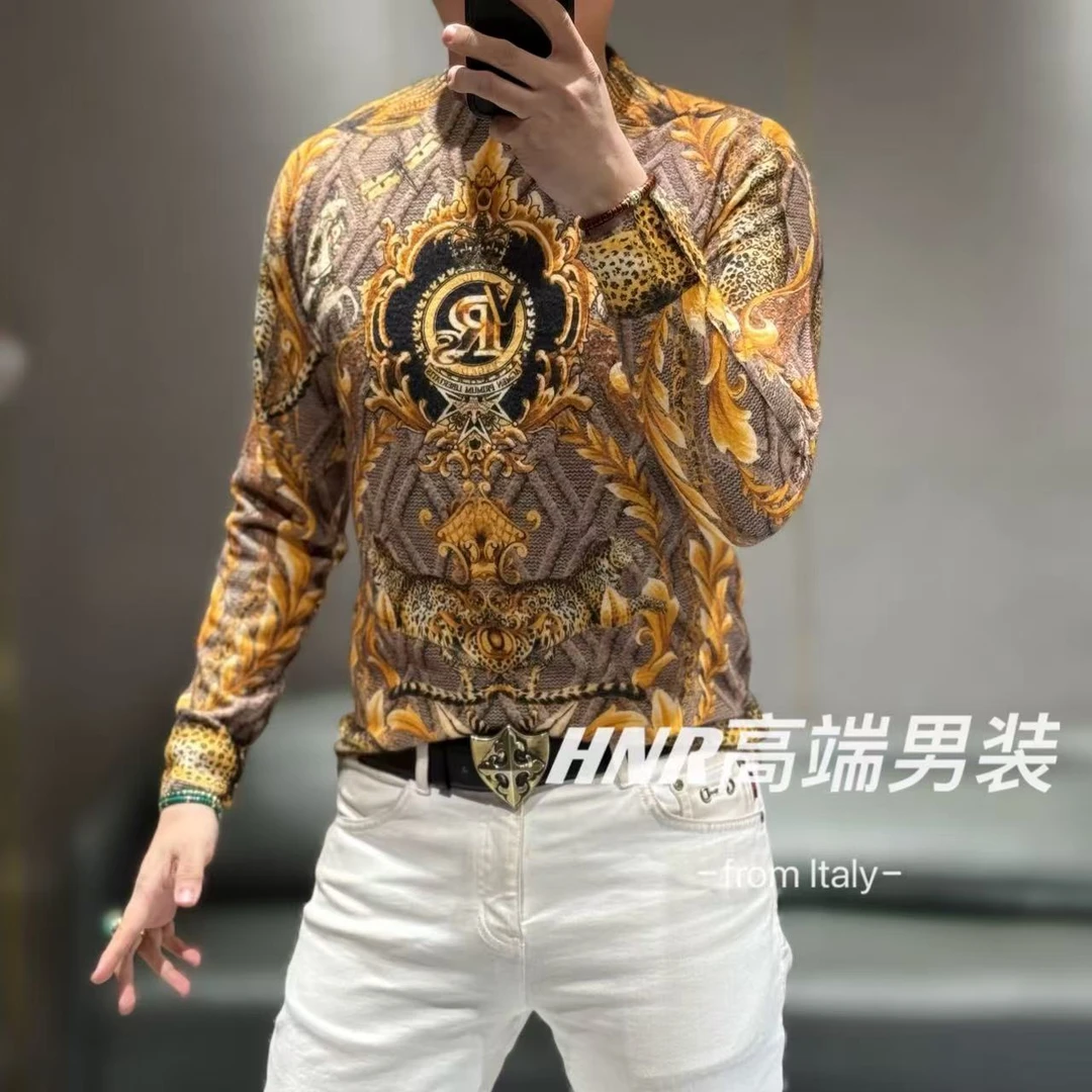 【雪尼尔水晶珊瑚绒】个性豹子提花图案霸气休闲潮流T恤805