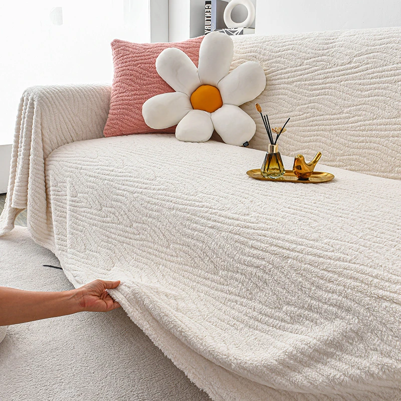 简约线条毛绒纯色全包通用型沙发套罩防尘盖布防猫沙发毯全盖盖巾