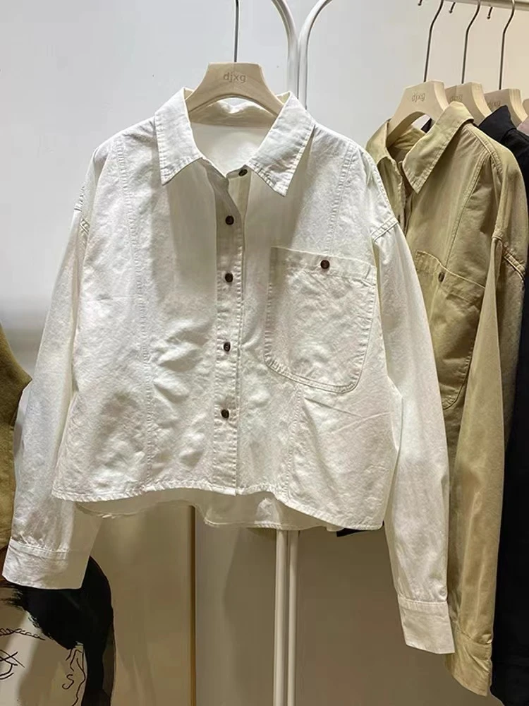 春装港风短棉polo领宽松长袖衬衫女减龄上衣2024新款内搭衬衣