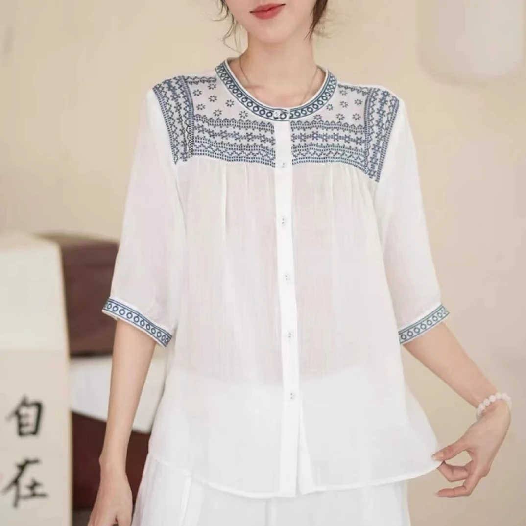 苎麻衬衫 2024夏季新款 刺绣圆领七分袖复古百搭小衫女士开衫