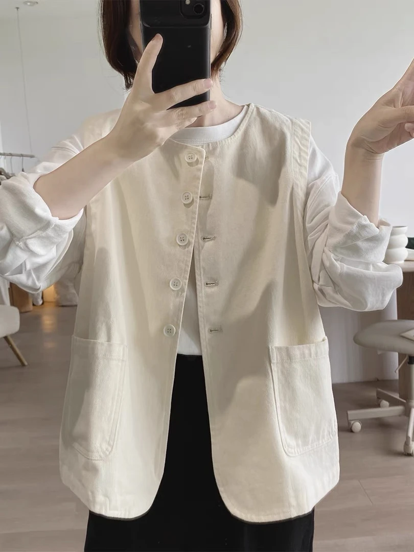 棉质马夹外套女式春秋季新款宽松显瘦韩版基础款简约工装圆领背心