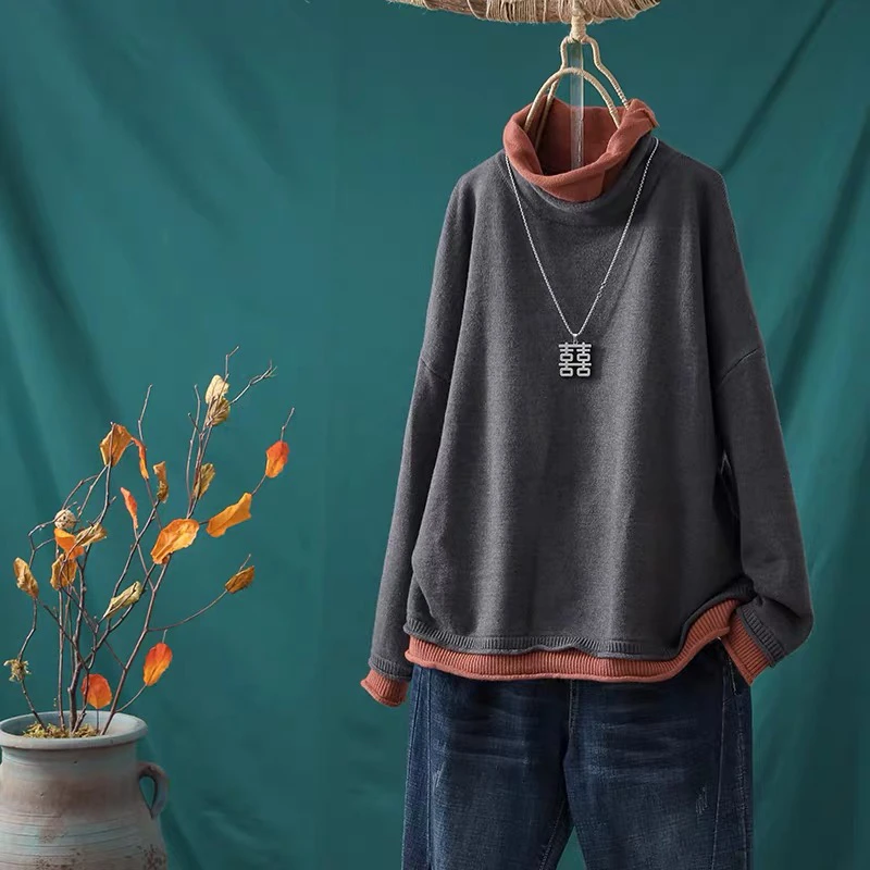 【原版正品】假两件高领套头针织衫毛衣女秋冬款韩版宽松大码休闲