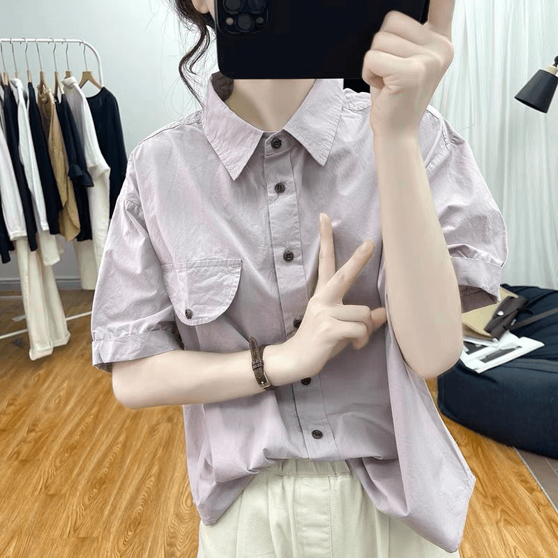 夏装棉polo领灯笼袖短袖衬衫女假口袋上衣2024新款港风宽松衬衣