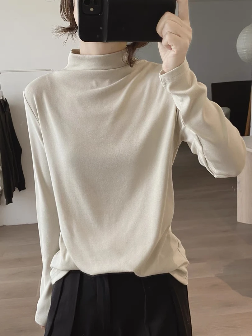【原版正品】半高领t恤女式春秋季新款韩版简约基础款长袖打底衫棉