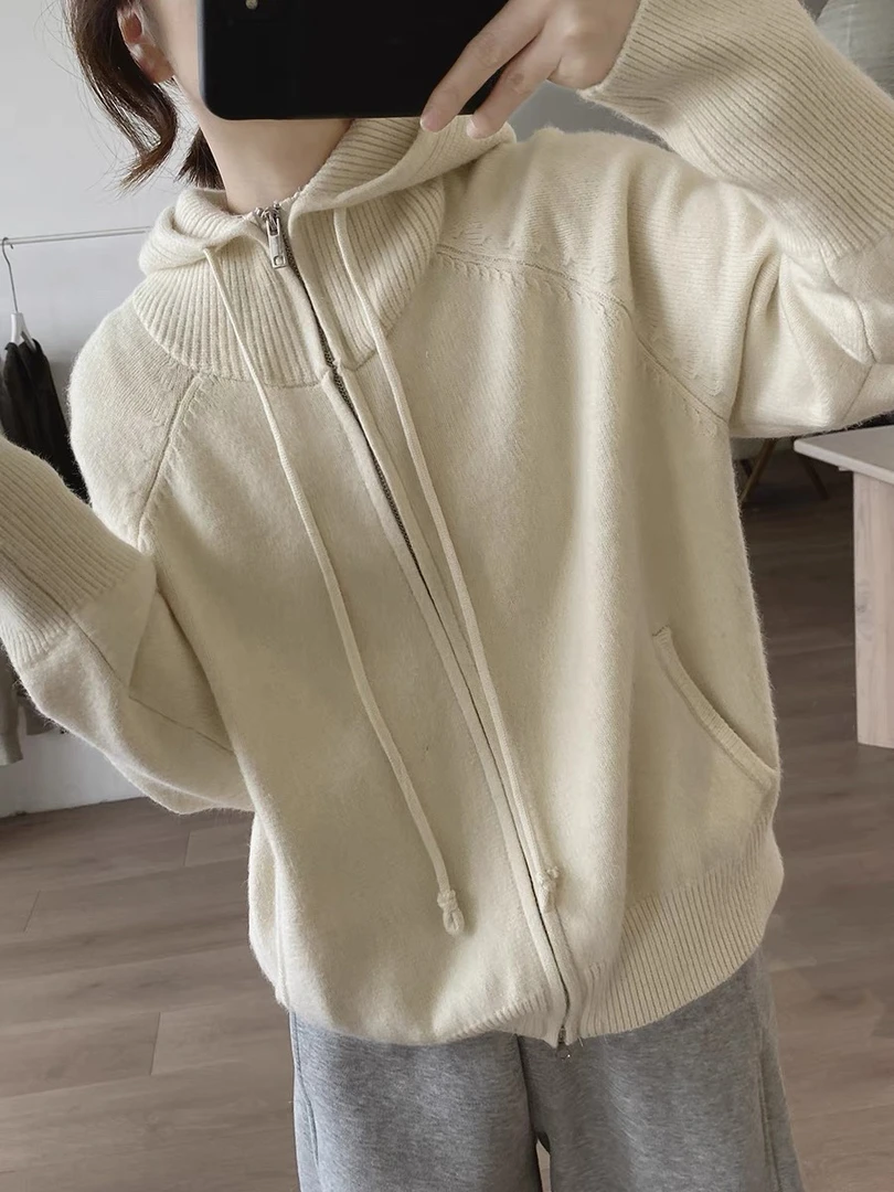 【原版正品】连帽插肩袖针织衫外套女秋冬新款宽松显瘦减龄简约小众