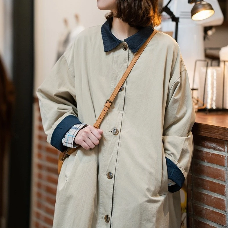 61090简约风撞色拼接风衣女2024春秋季新款中长款百搭显瘦外套