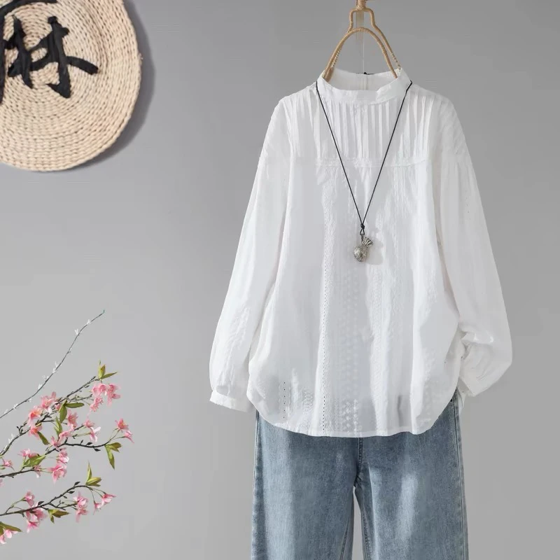 （原版）秋季新立领纯色绣花棉质衬衣复古宽松柔软衬衣显瘦长袖上衣
