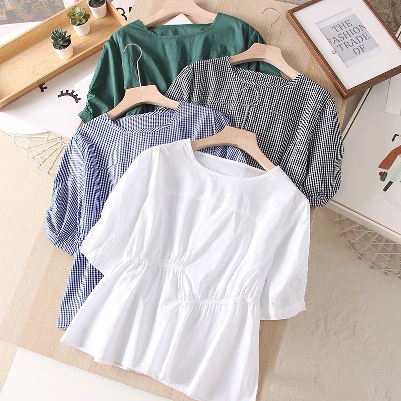 小清新甜美格子短袖衬衫女装2022新款娃娃衫法式浪漫收腰短袖上衣