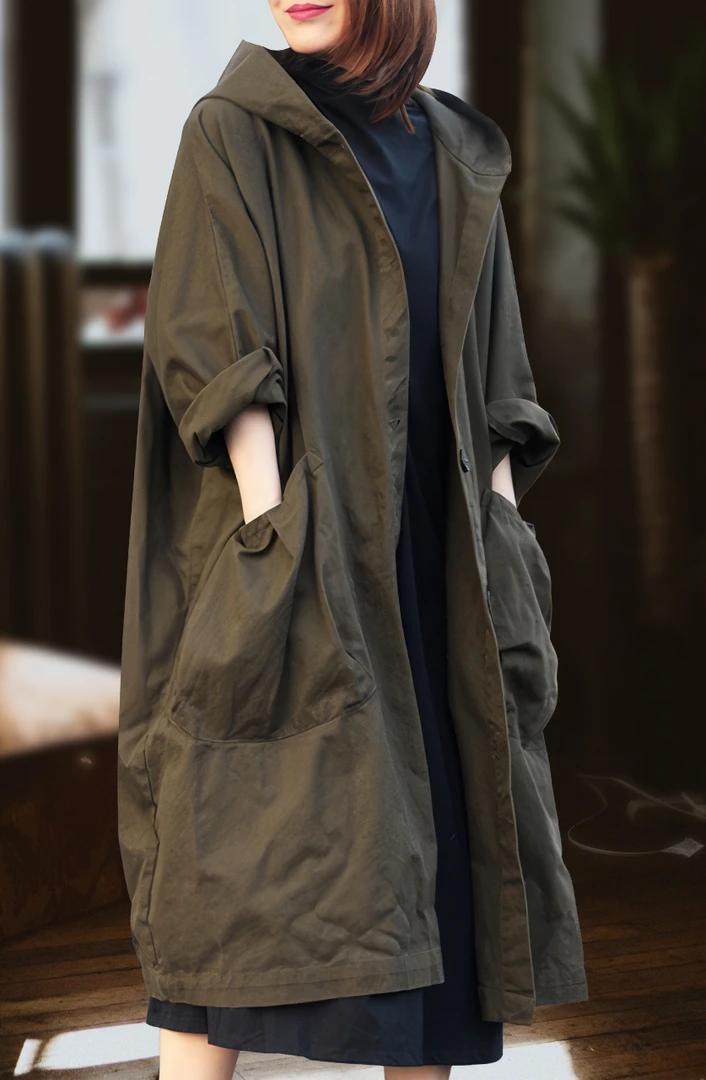 【原版正品】新款~文艺宽松过膝长款大口袋连帽通勤风衣外套 女