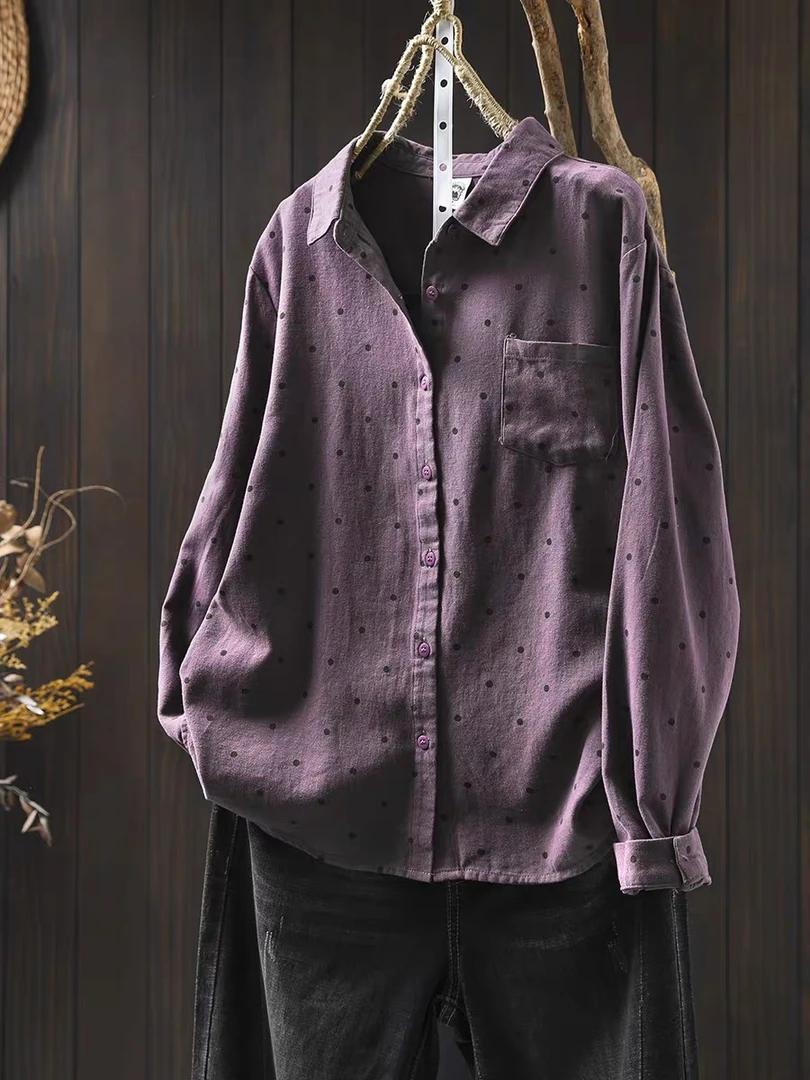 纯棉磨毛波点打底衬衫女长袖宽松显瘦秋冬新款复古百搭叠穿衬衣