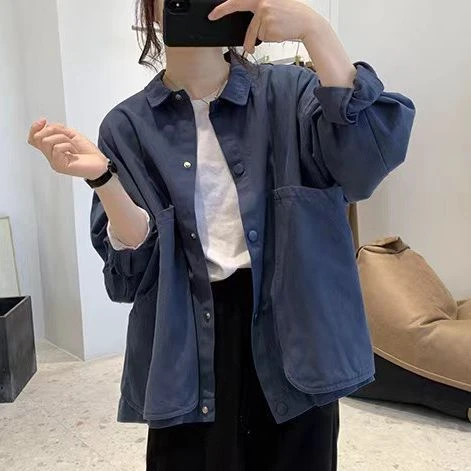 大口袋外套女式春秋新款宽松显瘦减龄韩版长袖复古工装棉质上衣