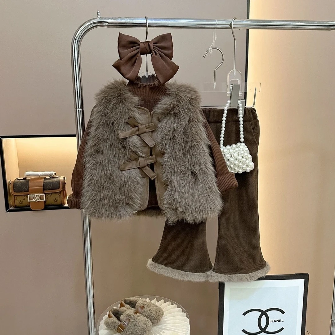 女童美拉德套装秋冬季新款韩系毛衣打底洋气马甲爆款加绒裤三件套