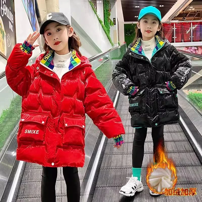 女童免洗加厚棉服2024新款连帽中长款儿童亮面加绒加厚时尚棉衣潮