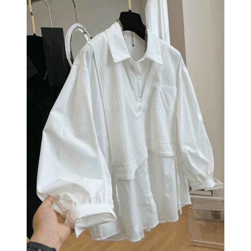 法式设计感小众背心拼接假两件长袖衬衫女秋装新款欧货宽松上衣潮