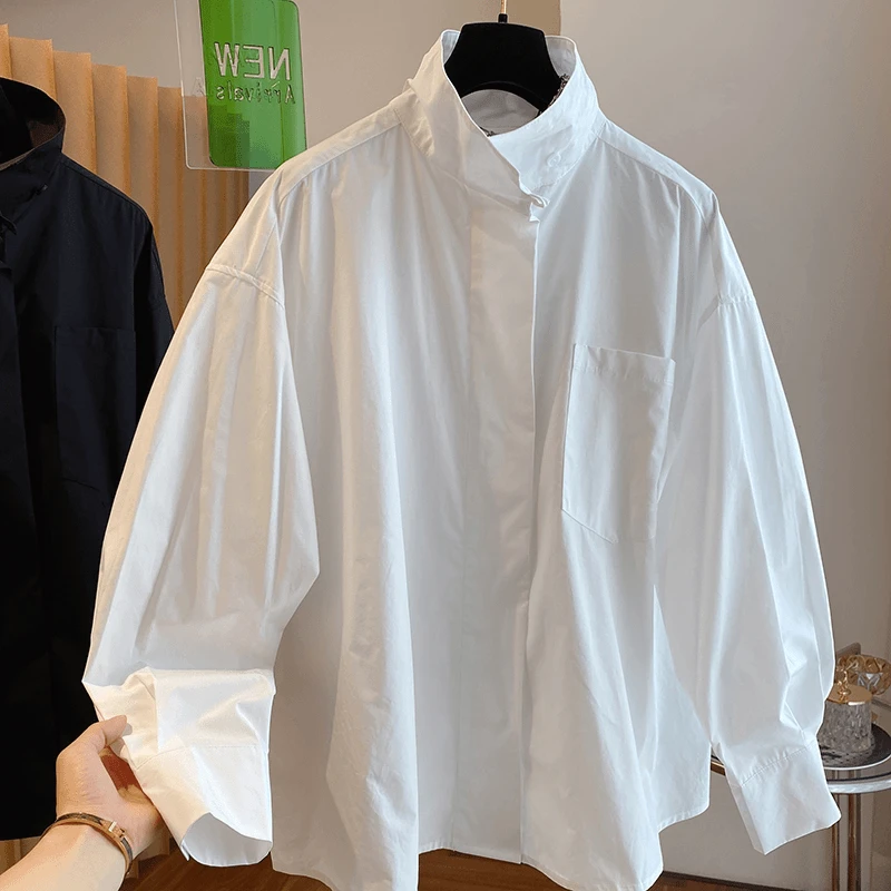 2024早秋新款高级感超好看白色立领衬衫女长袖欧货设计感小众上衣